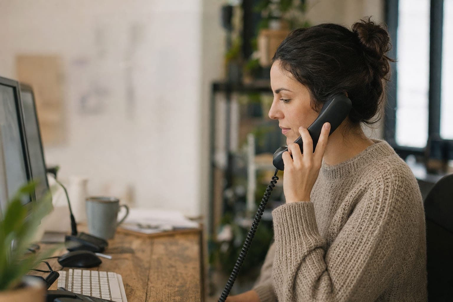 Mitarbeiterin im Telefonat am Schreibtisch, bereit für Ihr Erstgespräch